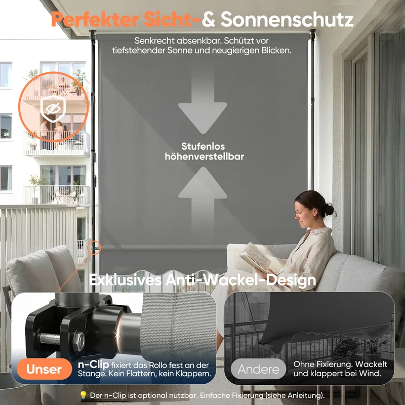 Sekey Klemmmarkise ohne Bohren Grau (150–350 cm Breite), 130 cm Ausfall, 0–90° verstellbar, wasserdicht & UV-Schutz (UPF 50+), Balkon Markise mit Handkurbel für Balkon, Terrasse & Garten
