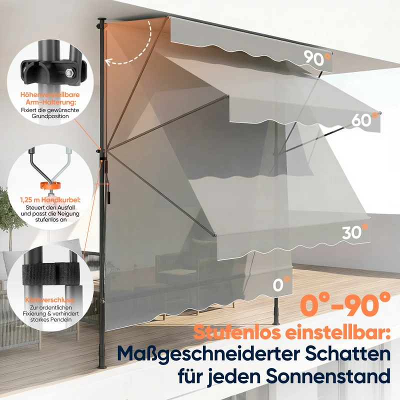 Sekey Klemmmarkise ohne Bohren Grau (150–350 cm Breite), 130 cm Ausfall, 0–90° verstellbar, wasserdicht & UV-Schutz (UPF 50+), Balkon Markise mit Handkurbel für Balkon, Terrasse & Garten