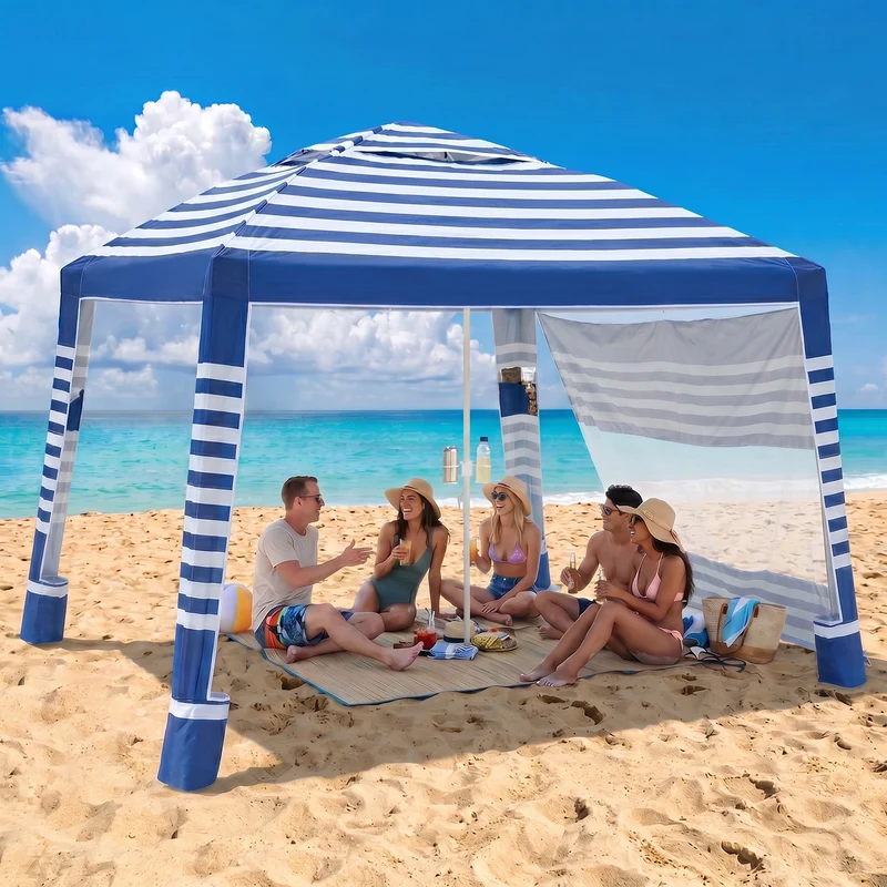 Sekey Strandmuschel Pop Up 240 × 240 cm für 4–6 Personen – Höhenverstellbares Strandzelt mit Seitenvorhang, UV50+ Sonnenschutz, Windfest mit Sandsäcken & Schraubheringen, Blau Gestreift
