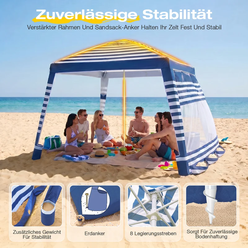 Sekey Strandmuschel Pop Up 240 × 240 cm für 4–6 Personen – Höhenverstellbares Strandzelt mit Seitenvorhang, UV50+ Sonnenschutz, Windfest mit Sandsäcken & Schraubheringen, Blau Gestreift