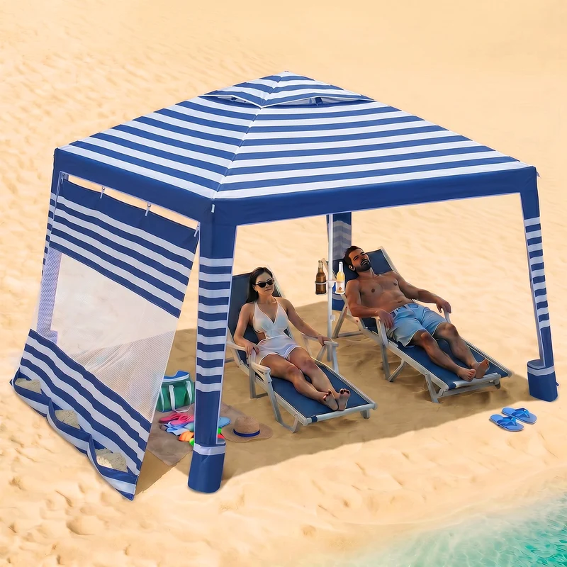 Sekey Strandmuschel Pop Up 240 × 240 cm für 4–6 Personen – Höhenverstellbares Strandzelt mit Seitenvorhang, UV50+ Sonnenschutz, Windfest mit Sandsäcken & Schraubheringen, Blau Gestreift