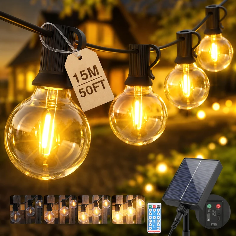 Salcar G40 Solar Lichterkette Außen 15 m (20+1 Glühbirnen), LED Solar Gartenleuchte Outdoor, Warmweiß, Solar & USB aufladbar, Fernbedienung, 8 Modi, Dimmbar, Timer, IP44 wetterfest für Garten, Balkon & Terrasse