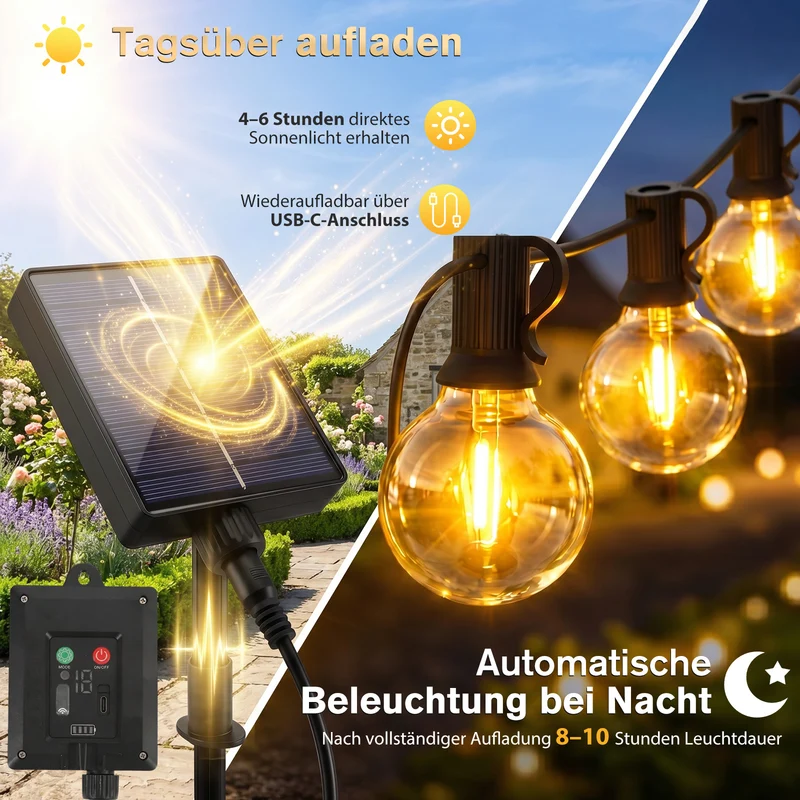 Salcar G40 Solar Lichterkette Außen 15 m (20+1 Glühbirnen), LED Solar Gartenleuchte Outdoor, Warmweiß, Solar & USB aufladbar, Fernbedienung, 8 Modi, Dimmbar, Timer, IP44 wetterfest für Garten, Balkon & Terrasse