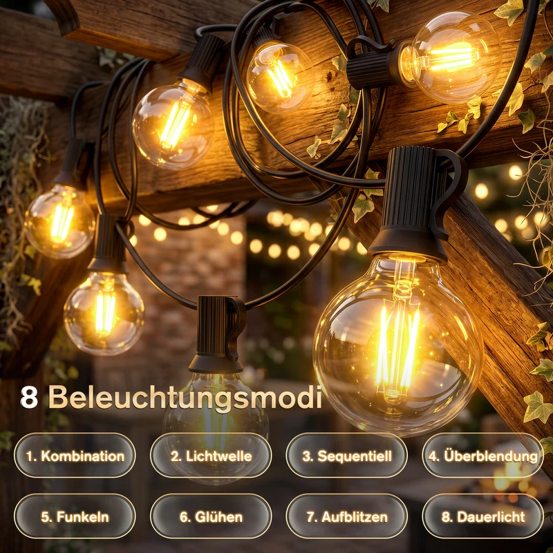 Salcar G40 Solar Lichterkette Außen 15 m (20+1 Glühbirnen), LED Solar Gartenleuchte Outdoor, Warmweiß, Solar & USB aufladbar, Fernbedienung, 8 Modi, Dimmbar, Timer, IP44 wetterfest für Garten, Balkon & Terrasse