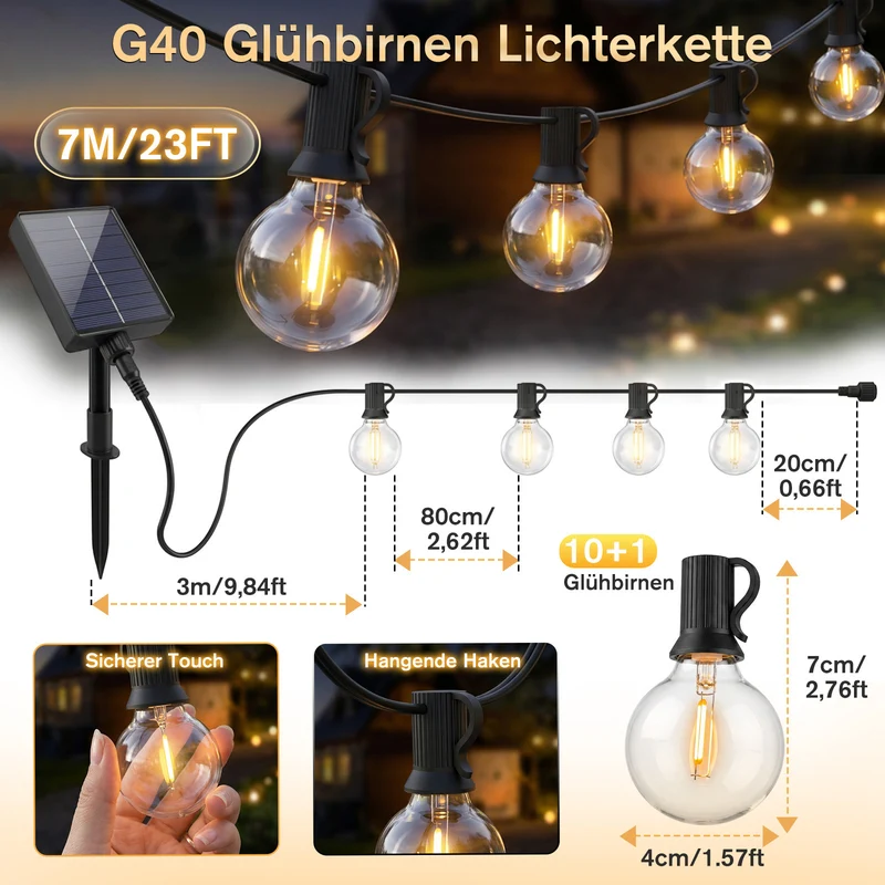 Salcar G40 Solar Lichterkette Außen 7m, 23FT, LED Solarleuchte Outdoor, Warmweiß, Solar & USB aufladbar, Fernbedienung, 8 Modi, Dimmbar, Timer, IP44 wetterfest für Garten, Balkon & Terrasse
