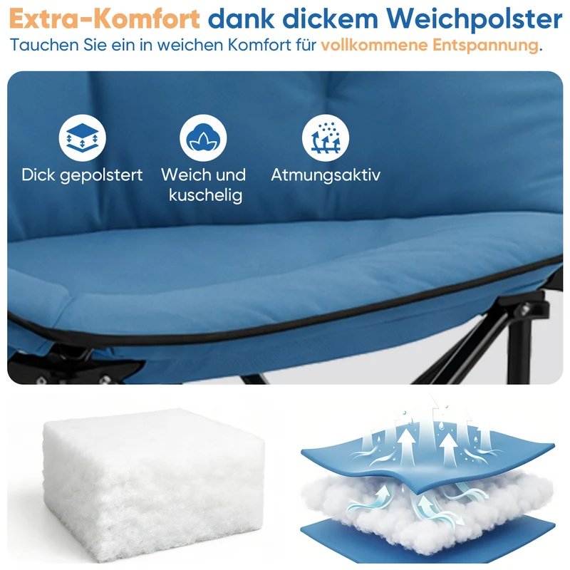 Sekey XXL Moonchair Campingstuhl klappbar bis 140 kg – Gepolsterter Garten- & Outdoor-Stuhl mit hoher Rückenlehne, Blau