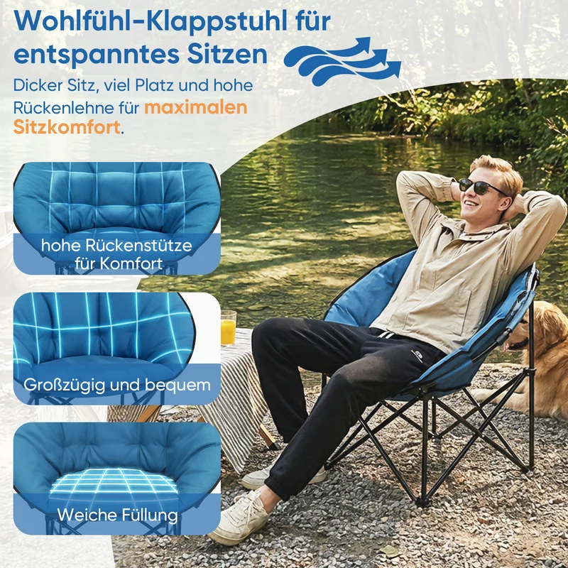 Sekey XXL Moonchair Campingstuhl klappbar bis 140 kg – Gepolsterter Garten- & Outdoor-Stuhl mit hoher Rückenlehne, Blau