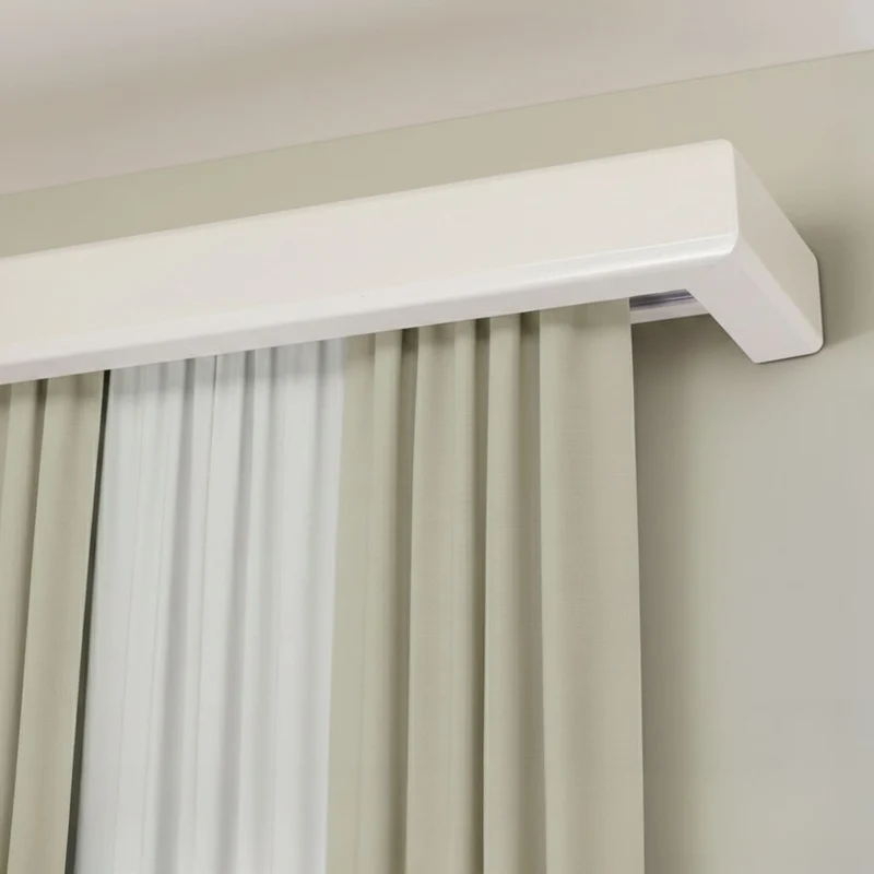 Curtain and drape track system with square wooden valance