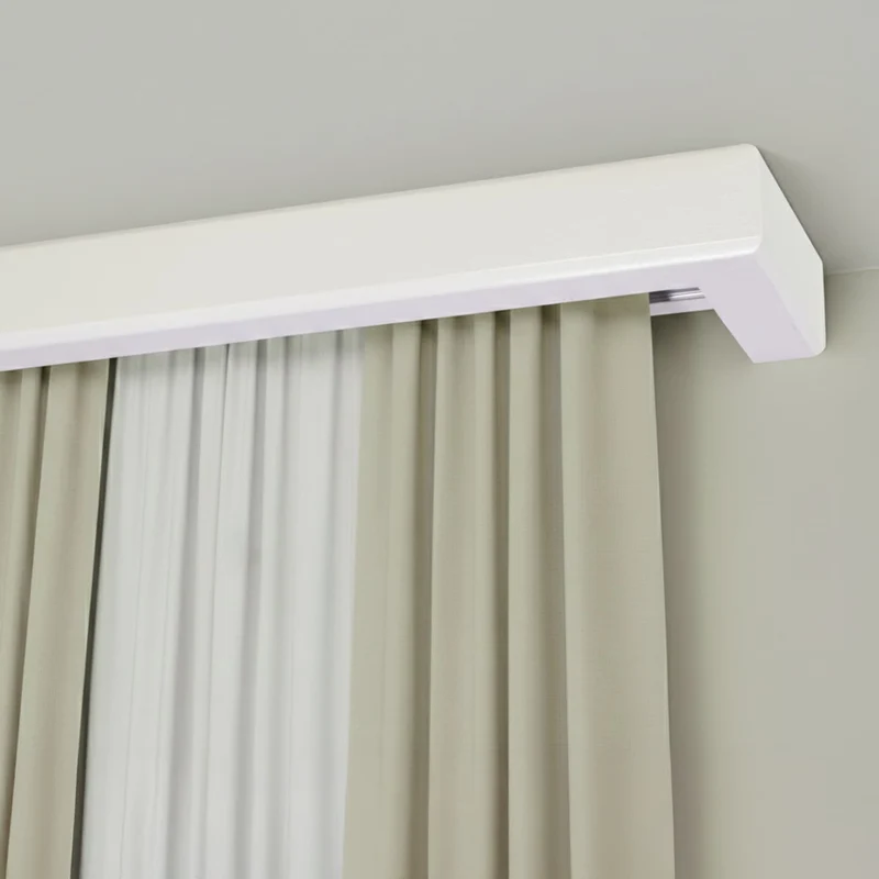 Curtain and drape track system with square wooden valance