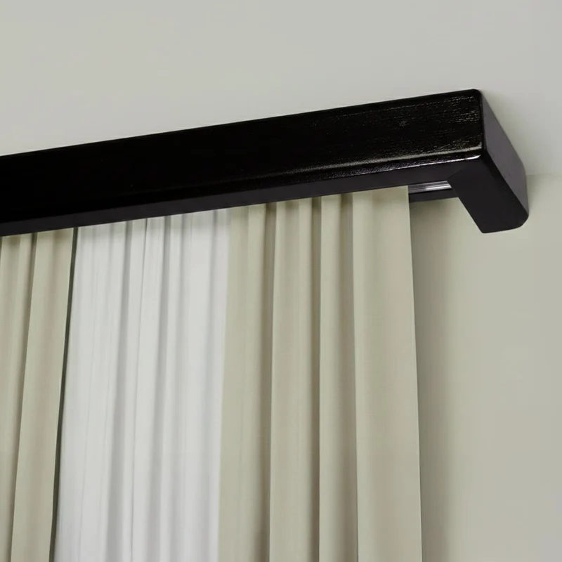 Curtain and drape track system with square wooden valance