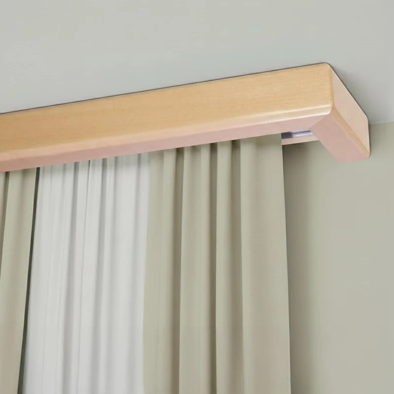 Curtain and drape track system with square wooden valance