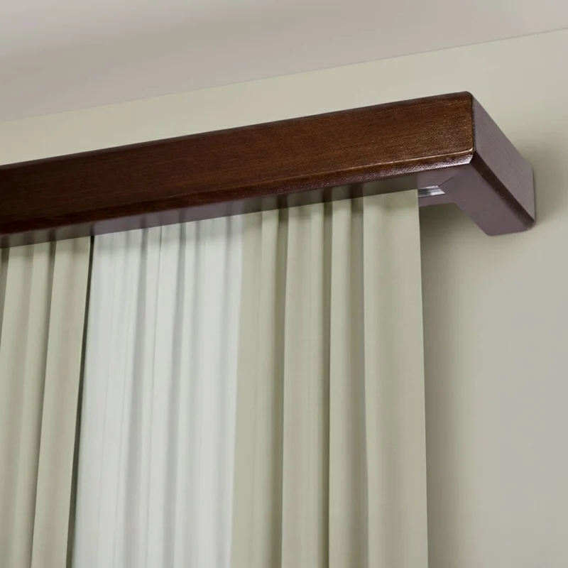 Curtain and drape track system with square wooden valance