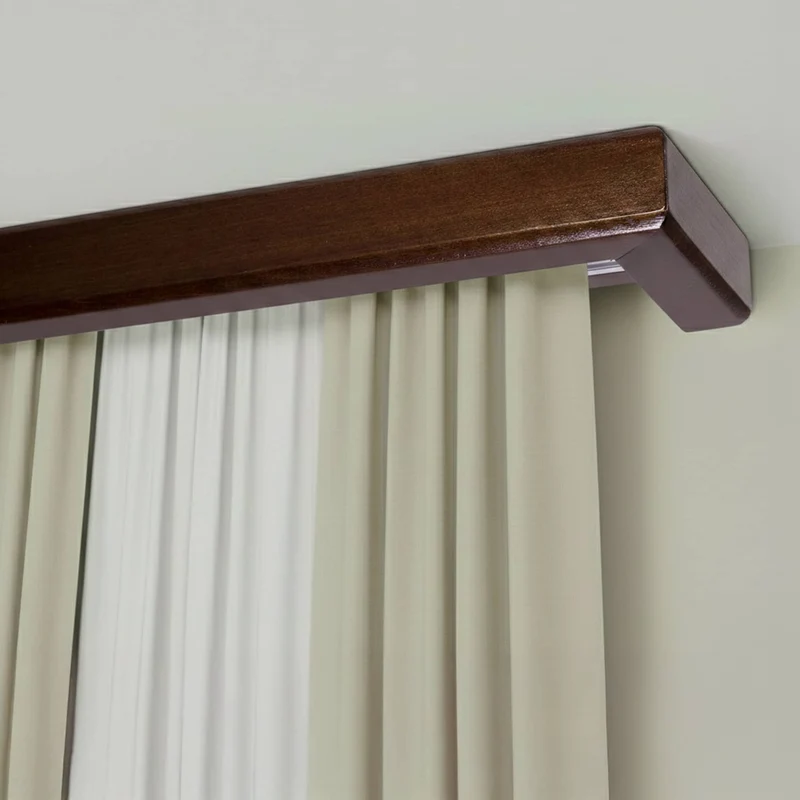 Curtain and drape track system with square wooden valance