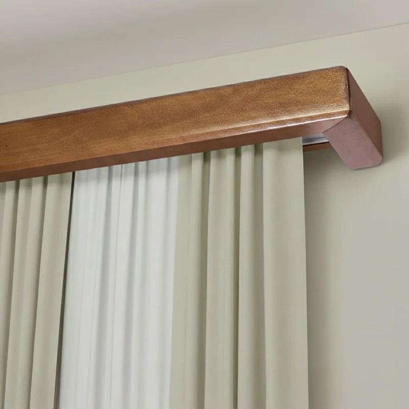 Curtain and drape track system with square wooden valance