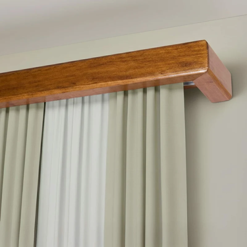Curtain and drape track system with square wooden valance