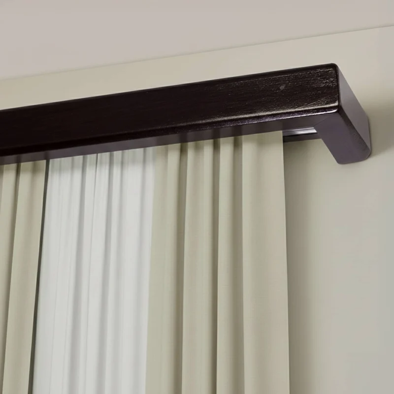 Curtain and drape track system with square wooden valance