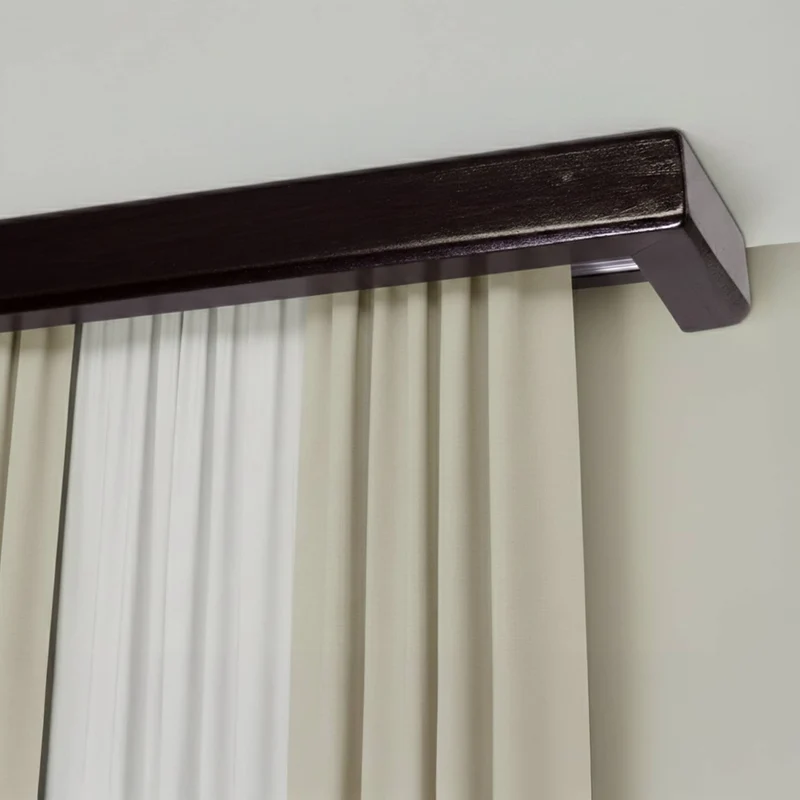Curtain and drape track system with square wooden valance