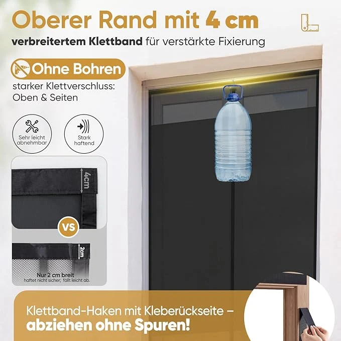 Sekey Fliegengitter Balkontür Magnet, Insektenschutz mit Privatsphäre, Klettverschluss-Montage, Bohrenfrei, Passend für Holz-, Eisen- & Aluminiumtüren, Schwarz