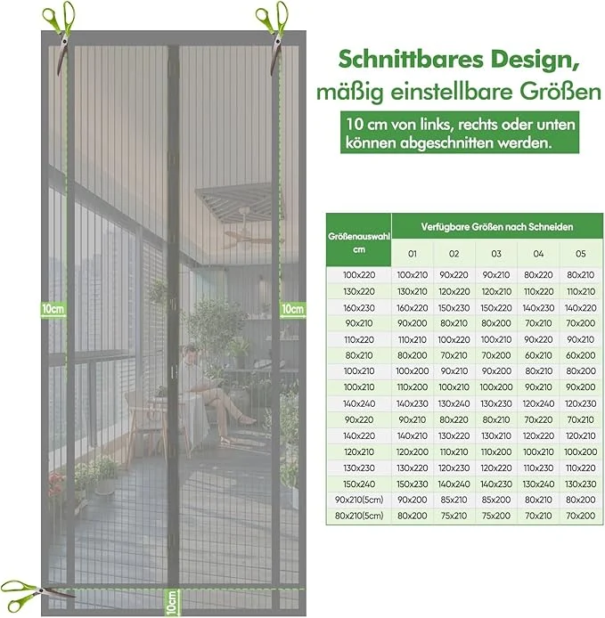 Sekey Fliegengitter Tür, Zuschneidbar & Selbstklebend, Magnetverschluss ohne Bohren, Insektenschutz für Balkon-, Terrassen- & Zimmertüren, Grau