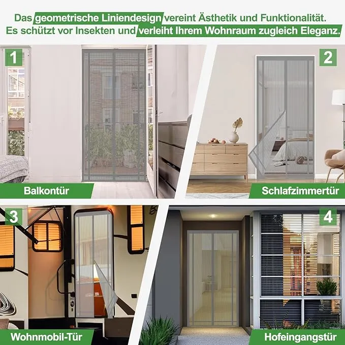 Sekey Fliegengitter Tür, Zuschneidbar & Selbstklebend, Magnetverschluss ohne Bohren, Insektenschutz für Balkon-, Terrassen- & Zimmertüren, Grau