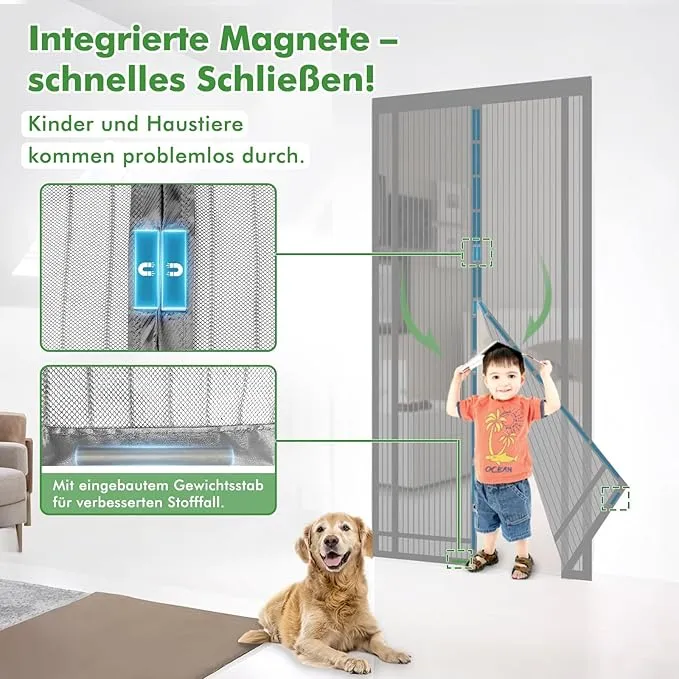 Sekey Fliegengitter Tür, Zuschneidbar & Selbstklebend, Magnetverschluss ohne Bohren, Insektenschutz für Balkon-, Terrassen- & Zimmertüren, Grau