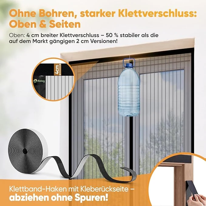 Sekey Fliegengitter Tür, Magnetisch, Reißfest, Ohne Bohren, Lichtdurchlässiger Insektenschutz mit 4 cm Klettband, Wetterfest & Langlebig, Schwarz