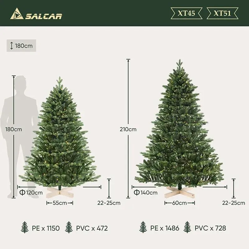 Salcar 180/210cmKünstlicher Weihnachtsbaum, Edeltanne, mit 450/650 LEDs und 1150/1486 PE-Zweigen und 472/728 PVC-Zweigen