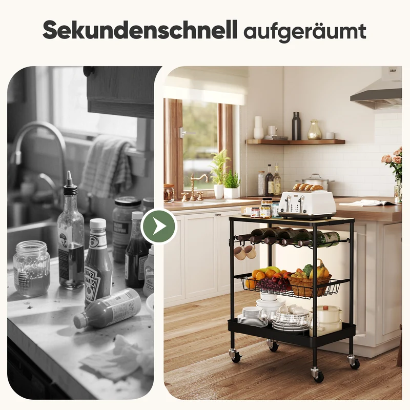 Sekey Servierwagen mit Rollen – Barwagen & Küchenwagen mit MDF-Platte, Weinglashalter, Haken & Schubladenkorb, 360°-Rollen, Griff, rostfest – Schwarz