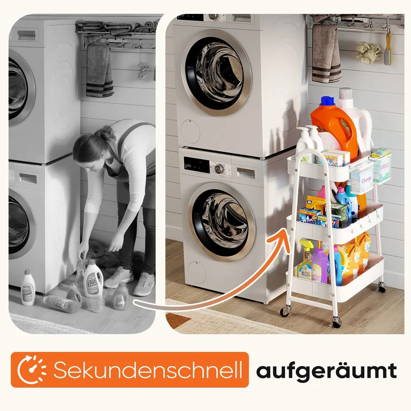 Sekey Rollwagen mit 3 Ebenen – Küchenwagen aus Stahl mit rostfester Lackierung, 2 Hängekörben & 4 Haken, 360°-Rollen mit Bremse, ergonomischem Griff, bis 30 kg belastbar, vielseitiger Servierwagen für Küche, Bad, Büro & mehr – Weiß