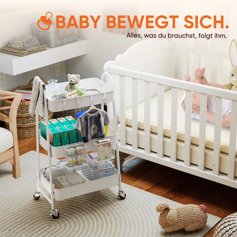 Sekey Rollwagen mit 3 Ebenen – Küchenwagen aus Stahl mit rostfester Lackierung, 2 Hängekörben & 4 Haken, 360°-Rollen mit Bremse, ergonomischem Griff, bis 30 kg belastbar, vielseitiger Servierwagen für Küche, Bad, Büro & mehr – Weiß