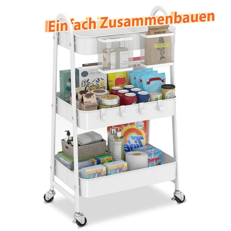 Sekey Rollwagen mit 3 Ebenen – Küchenwagen aus Stahl mit rostfester Lackierung, 2 Hängekörben & 4 Haken, 360°-Rollen mit Bremse, ergonomischem Griff, bis 30 kg belastbar, vielseitiger Servierwagen für Küche, Bad, Büro & mehr – Weiß