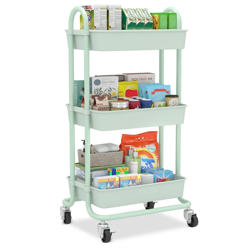 Sekey Rollwagen mit 3 Ebenen – Küchenwagen aus Kunststoff & Edelstahl, rostfest, 360°-Gummiräder mit Bremse, ergonomischem Griff, bis 30 kg belastbar, vielseitiger Servierwagen für Küche, Bad, Büro & mehr – Mintgrün