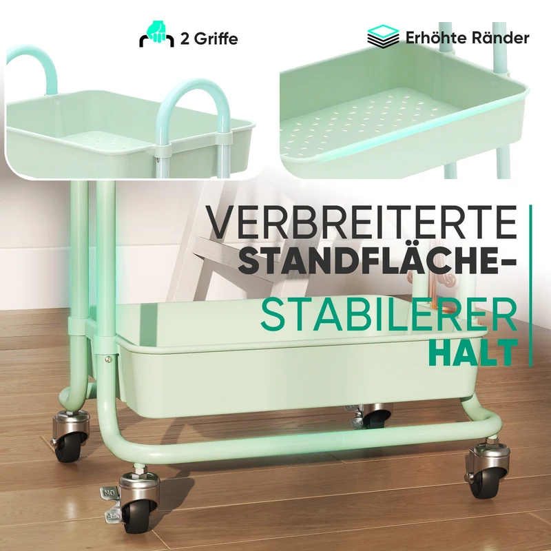Sekey Rollwagen mit 3 Ebenen – Küchenwagen aus Kunststoff & Edelstahl, rostfest, 360°-Gummiräder mit Bremse, ergonomischem Griff, bis 30 kg belastbar, vielseitiger Servierwagen für Küche, Bad, Büro & mehr – Mintgrün