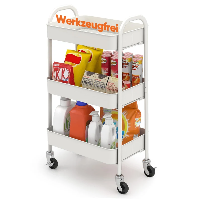Sekey Rollwagen mit 3 Ebenen – Küchenwagen aus Stahl mit rostfester Lackierung, 360°-Gummirädern & Bremse, werkzeugloser Aufbau, vielseitiger Servierwagen für Küche, Bad, Büro & mehr