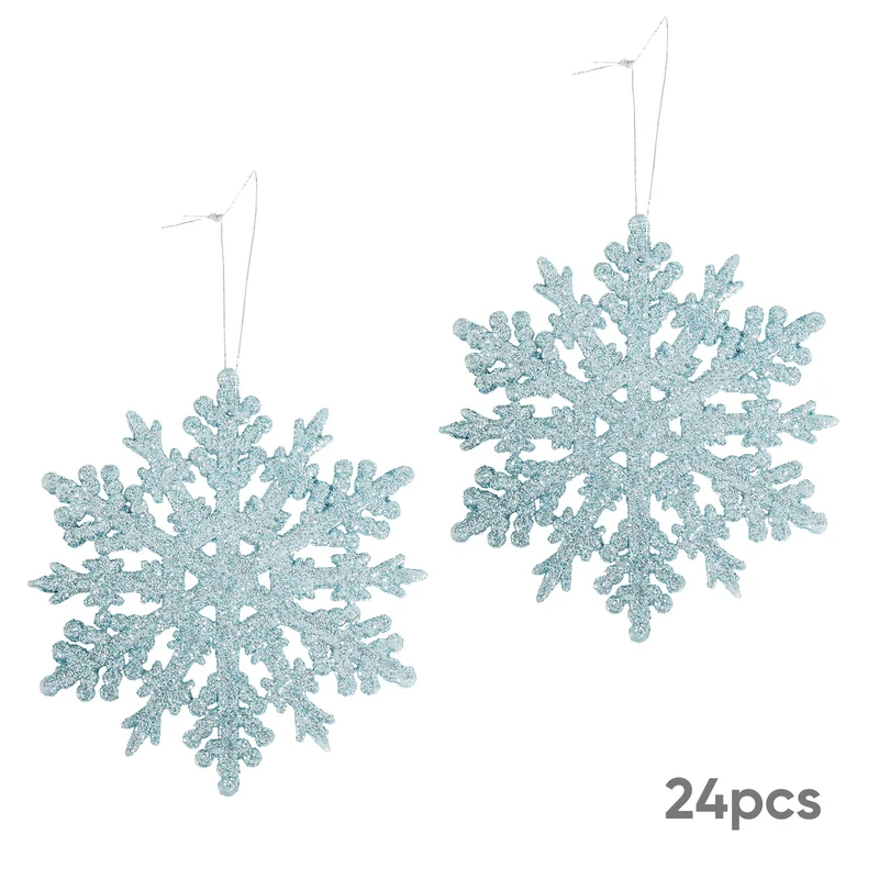 Salcar 24 Stück Schneeflocken Weihnachtsdeko Blau – Glitter Schneeflocken Anhänger Ø10cm, Wiederverwendbarer Weihnachtsbaumschmuck für Winter & Festtage