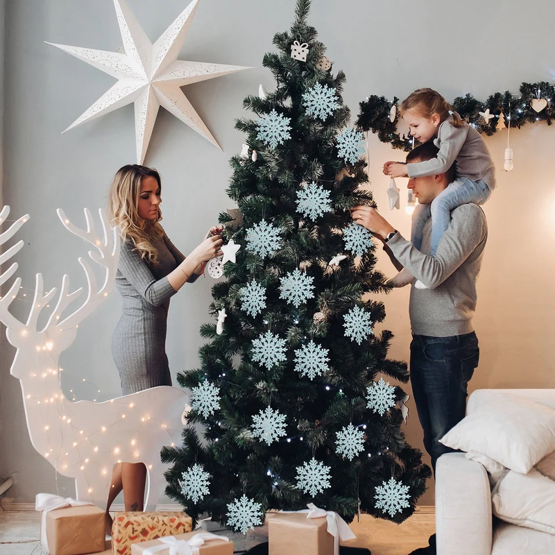 Salcar 24 Stück Schneeflocken Weihnachtsdeko Blau – Glitter Schneeflocken Anhänger Ø10cm, Wiederverwendbarer Weihnachtsbaumschmuck für Winter & Festtage