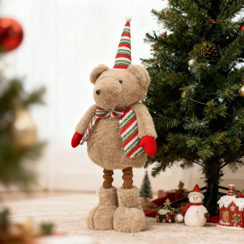 Salcar Weihnachtsfigur Plüsch-Bär 55–70 cm – Stehende Weihnachtsdeko mit verstellbaren Teleskopbeinen, Weicher Plüschbär für Kamin, Fensterbank & Wohnzimmer