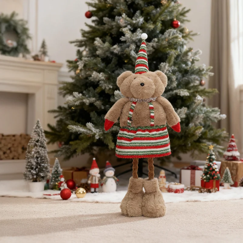 Salcar Weihnachtsfigur Plüsch-Bär 55–70 cm – Stehende Weihnachtsdeko mit verstellbaren Teleskopbeinen, Weicher Plüschbär für Kamin, Fensterbank & Wohnzimmer