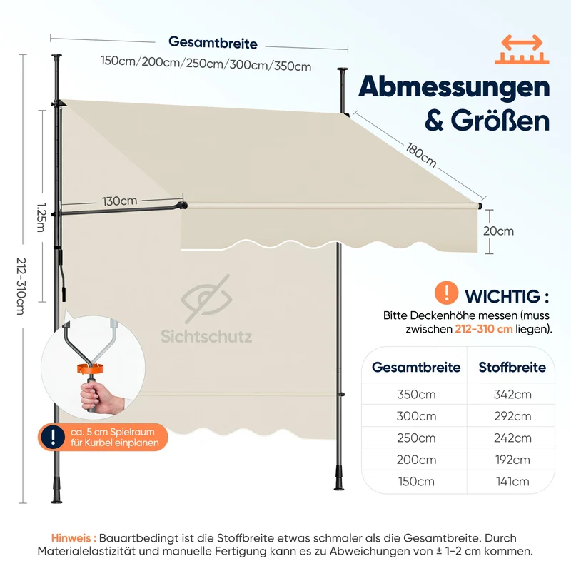 Sekey Klemmmarkise ohne Bohren Beige (200–350 cm Breite), 130 cm Ausfall, 0–90° verstellbar, wasserdicht & UV-Schutz (UPF 50+), Balkon Markise mit Handkurbel für Terrasse & Garten