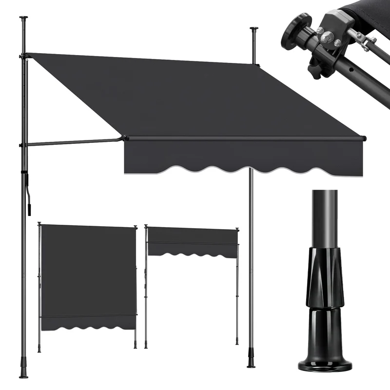 Sekey Klemmmarkise ohne Bohren in 150–350 cm Breite, 130 cm Ausfall, 0–90° verstellbar, wasserdicht & UV-Schutz (UPF 50+), Balkon Markise mit Handkurbel für Balkon, Terrasse & Garten, Anthrazit