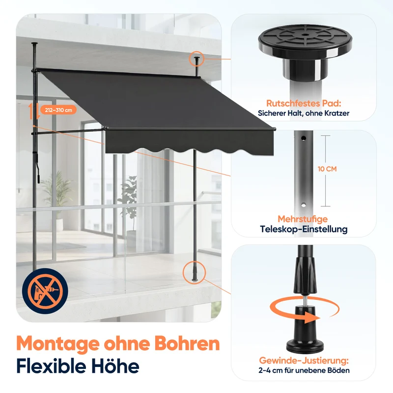 Sekey Klemmmarkise ohne Bohren in 150–350 cm Breite, 130 cm Ausfall, 0–90° verstellbar, wasserdicht & UV-Schutz (UPF 50+), Balkon Markise mit Handkurbel für Balkon, Terrasse & Garten, Anthrazit