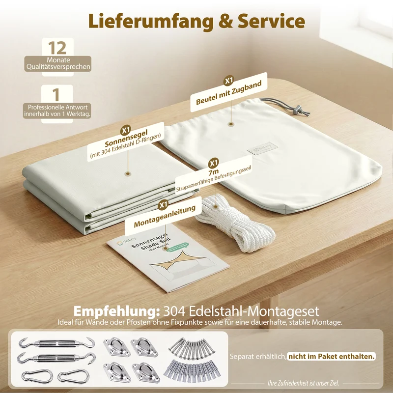 Sekey Sonnensegel Wasserdicht Rechteckig – ohne Mittelnaht, 160 g/m² PES, mit Edelstahl-Ringen & Lotus-Effekt, reißfest, 95% UV-Schutz für Balkon, Terrasse & Garten, weiß