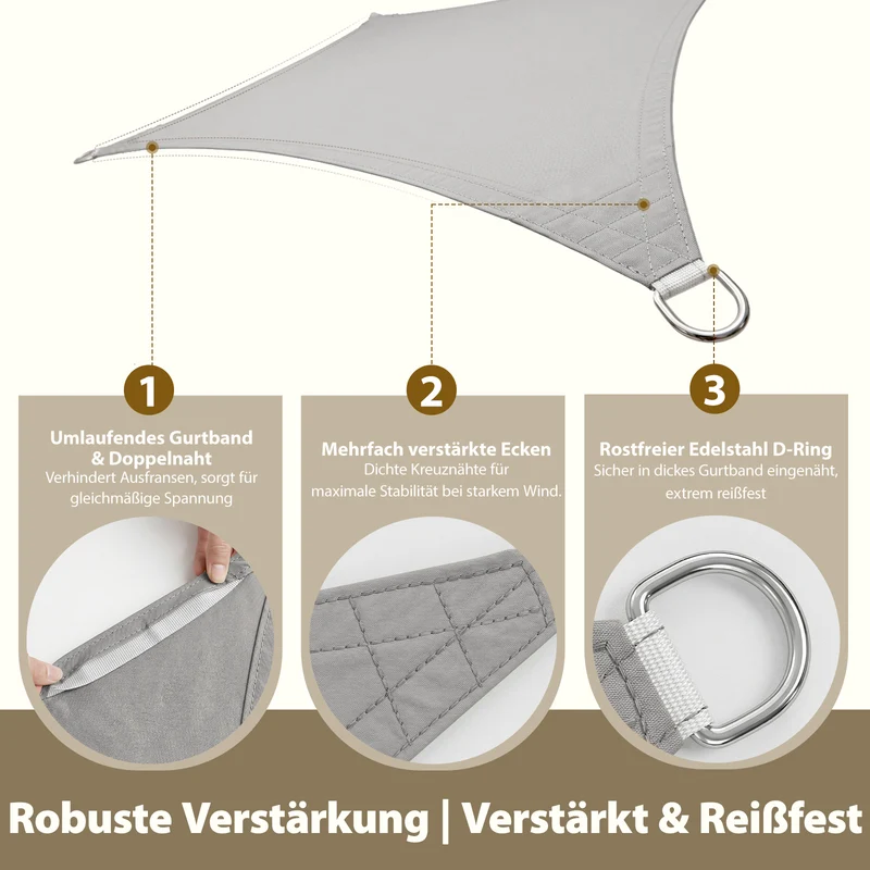 Sekey Sonnensegel Wasserdicht Rechteckig – ohne Mittelnaht, 160 g/m² PES, mit Edelstahl-Ringen & Lotus-Effekt, reißfest, 95% UV-Schutz für Balkon, Terrasse & Garten, Hellgrau
