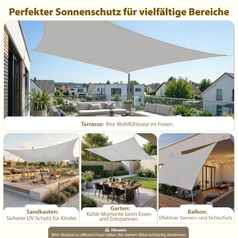 Sekey Sonnensegel Rechteckig – Hellgrau, Wasserdicht, 160 g/m² PES, Mit Naht & Reißfest, 95% UV-Schutz, Wetterfest für Balkon, Terrasse & Garten