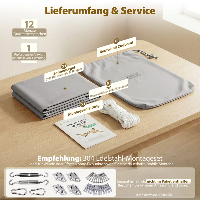 Sekey Sonnensegel Rechteckig – Hellgrau, Wasserdicht, 160 g/m² PES, Mit Naht & Reißfest, 95% UV-Schutz, Wetterfest für Balkon, Terrasse & Garten