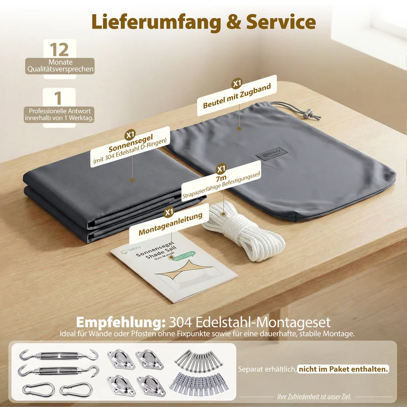 Sekey Sonnensegel Rechteckig – Dunkelgrau, Wasserdicht, 160 g/m² PES, Nahtversiegelt & Reißfest, 95% UV-Schutz, Wetterfest für Balkon, Terrasse & Garten