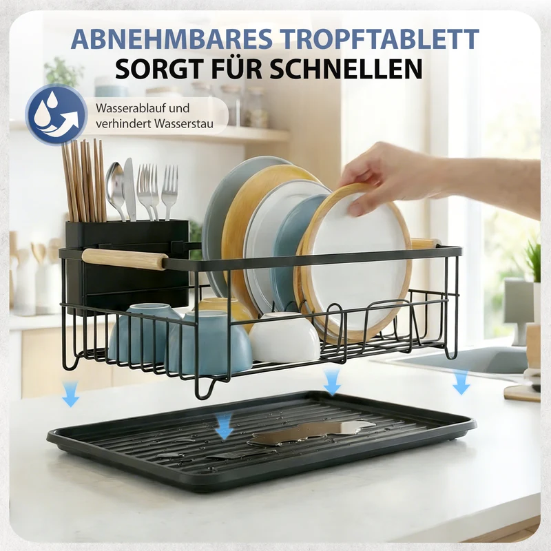 Sekey Abtropfgestell Geschirr mit Holzgriff – Platzsparender Spülen-Organizer mit Besteckablage, Schwarz & Rostfrei, Kompakter Geschirrständer für Küche