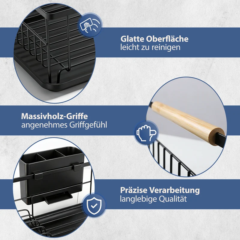 Sekey Abtropfgestell Geschirr mit Holzgriff – Platzsparender Spülen-Organizer mit Besteckablage, Schwarz & Rostfrei, Kompakter Geschirrständer für Küche