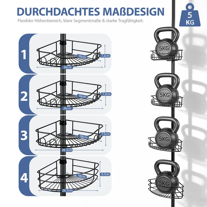 Sekey Duschregal Ohne Bohren – Höhenverstellbares Teleskop-Duschregal 79–315 cm mit 4 festen Körben, Eck-Design & stabiler Stand für Badezimmer