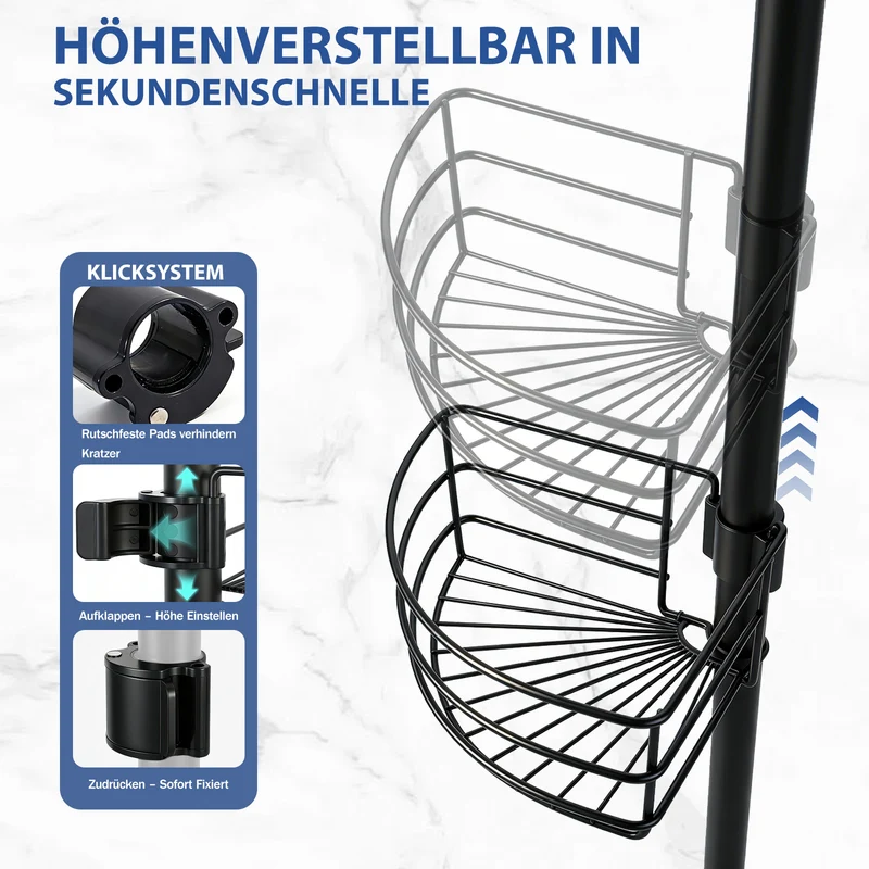 Sekey Duschregal Ohne Bohren – Höhenverstellbares Teleskop-Duschregal 79–315 cm mit Klicksystem, Rostfrei & Eck-Design, Stabiles Badezimmer-Organizer